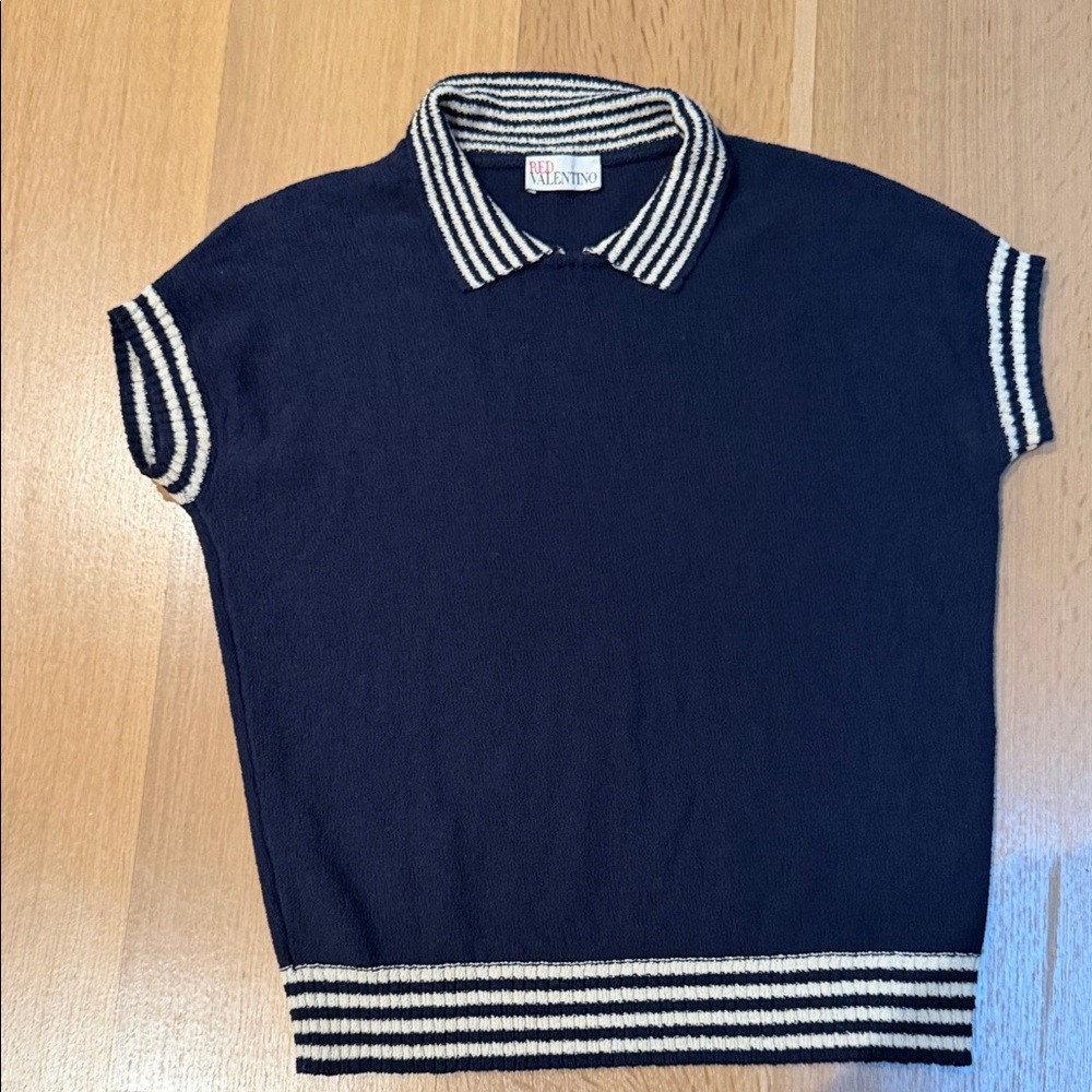 Red Valentino Navy Polo Knit Top with Cream Stripe Trim